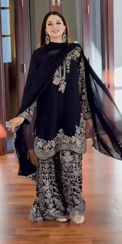 SR 1720 Black Faux Georgette Salwar Suit with Mirror Work & Embroidery Work. Get it for ₹2549. Delivery 4-6 Working Days. Shop now. | Jump Suits, Salwar suit, Casual Suits, Creative suits, Designer Suits, Palazzo Suits, Party Wear Suits, Patiala Suits, Straight Suits