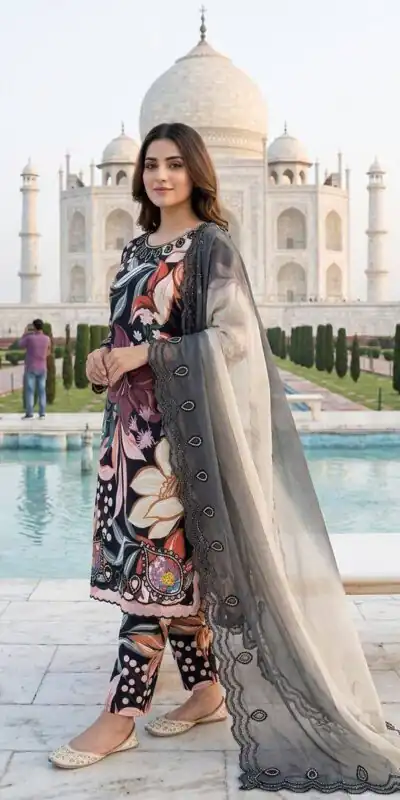 LG 2094 Black Perfect for Wedding, Party, Ganesh Chaturthi, Cultural Events, Durga Puja – Printed Muslin Salwar Suit. Now at just ₹2299. Delivery 4-6 Worki | Jump Suits, Salwar suit, Casual Suits, Creative suits, Designer Suits, Palazzo Suits, Party Wear Suits, Patiala Suits, Straight Suits