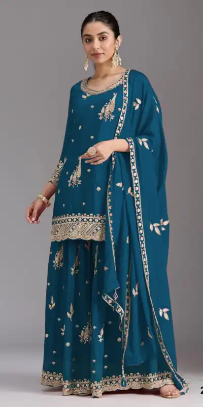FC 2120 Blue Color chinon Print Silk with Dall Crepe Sharara Suit Wedding, Party, Festive, Events Etc.  Expected Delivery 4-6 Working Days @2399/- | Jump Suits, Salwar suit, Casual Suits, Creative suits, Designer Suits, Palazzo Suits, Party Wear Suits, Patiala Suits, Straight Suits