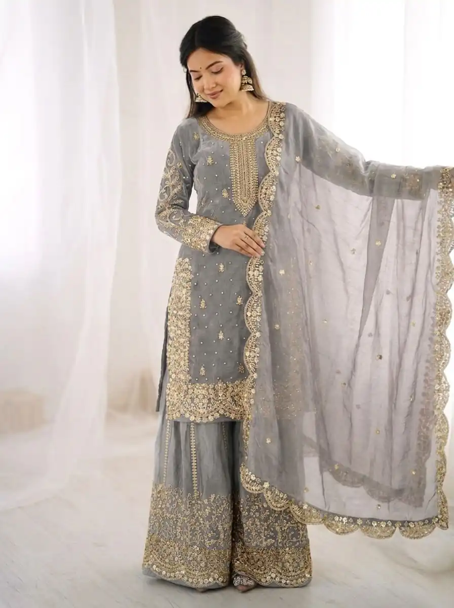 ZSR 3167 Grey Fendy Silk Salwar Suitwith Embroidery Work & Lace Work. Now at just ₹2149. Delivery 4-6 Working Days. Shop now. | Jump Suits, Salwar suit, Casual Suits, Creative suits, Designer Suits, Palazzo Suits, Party Wear Suits, Patiala Suits, Straight Suits