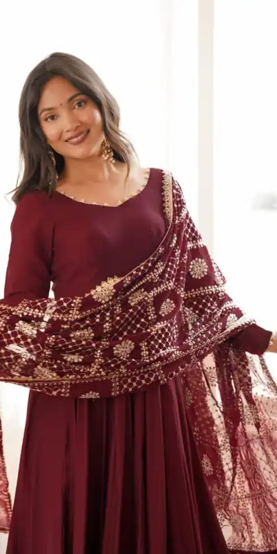 KB 313 Marooni Anarkali Suit with Thread Embroidery & Embroidery Work. Special Price ₹2299. Delivery 4-6 Working Days. Shop now. | Anarkali Suits, Bollywood Anarkali, Creative-Anarkali, Designer Anarkali, Embroidered Anarkali, Party Wear Anarkali