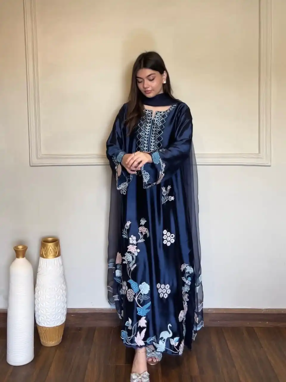 RTC 6053 Navy Blue Jura Silk Salwar Suit with Embroidery Work & Thread Embroidery. Grab it for ₹2399. Delivery 4-6 Working Days. Shop now. | Jump Suits, Salwar suit, Casual Suits, Creative suits, Designer Suits, Palazzo Suits, Party Wear Suits, Patiala Suits, Straight Suits