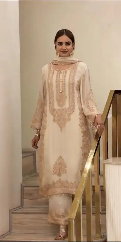 SR 1716 Off White Colour Faux Georgette Salwar Suit with Lace Work. Introductory Price ₹2449. Delivery 4-6 Working Days. Shop now. | Jump Suits, Salwar suit, Casual Suits, Creative suits, Designer Suits, Palazzo Suits, Party Wear Suits, Patiala Suits, Straight Suits
