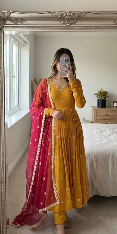 SRK 5313 Yellow in Faux Georgette Embroidery Work Salwar Suit . Available at ₹2099 only. Delivery 4-6 Working Days. Shop now. | Jump Suits, Salwar suit, Casual Suits, Creative suits, Designer Suits, Palazzo Suits, Party Wear Suits, Patiala Suits, Straight Suits
