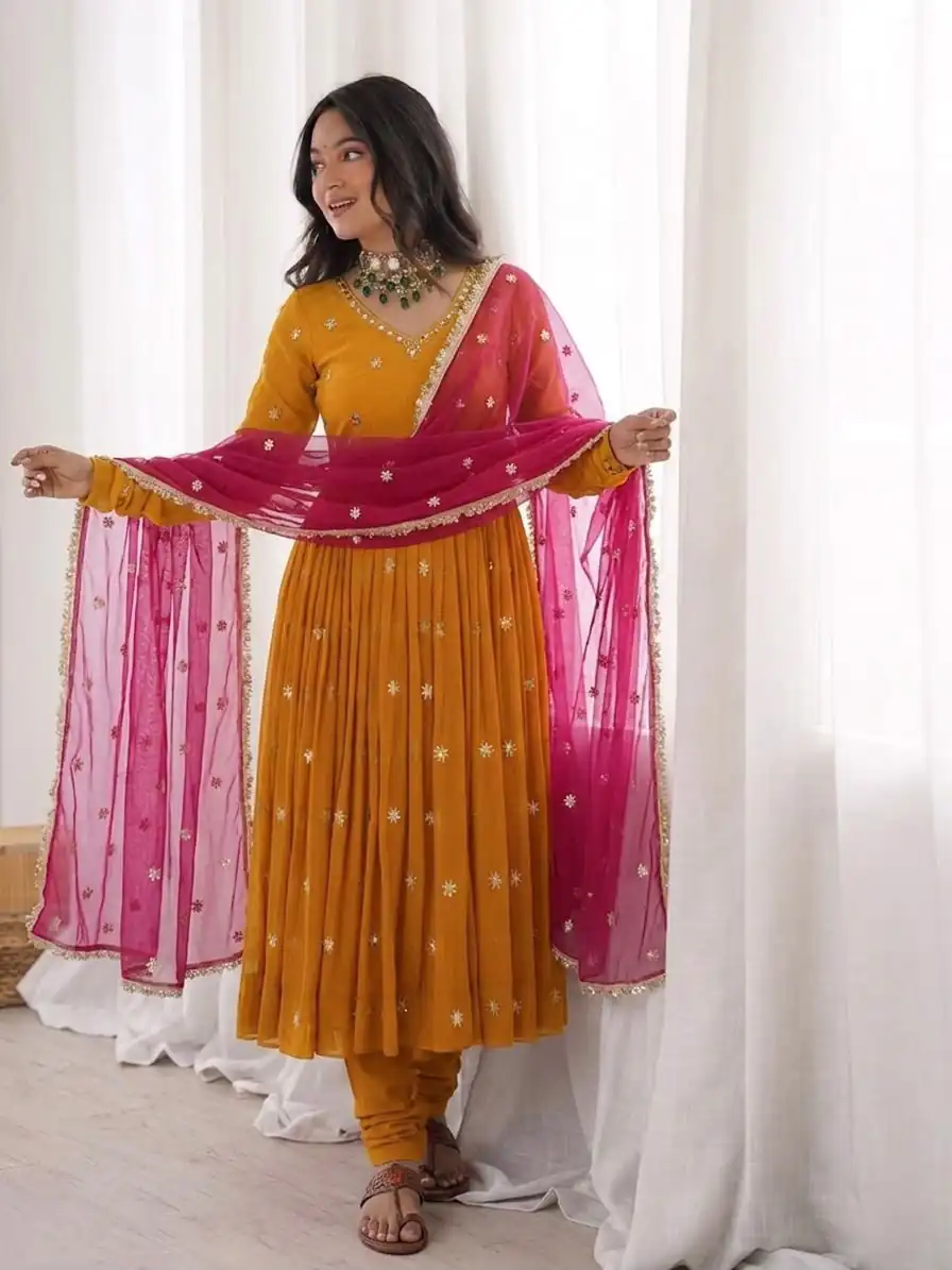 SRK 5313 Yellow in Faux Georgette Embroidery Work Salwar Suit . Available at ₹2099 only. Delivery 4-6 Working Days. Shop now. | Jump Suits, Salwar suit, Casual Suits, Creative suits, Designer Suits, Palazzo Suits, Party Wear Suits, Patiala Suits, Straight Suits