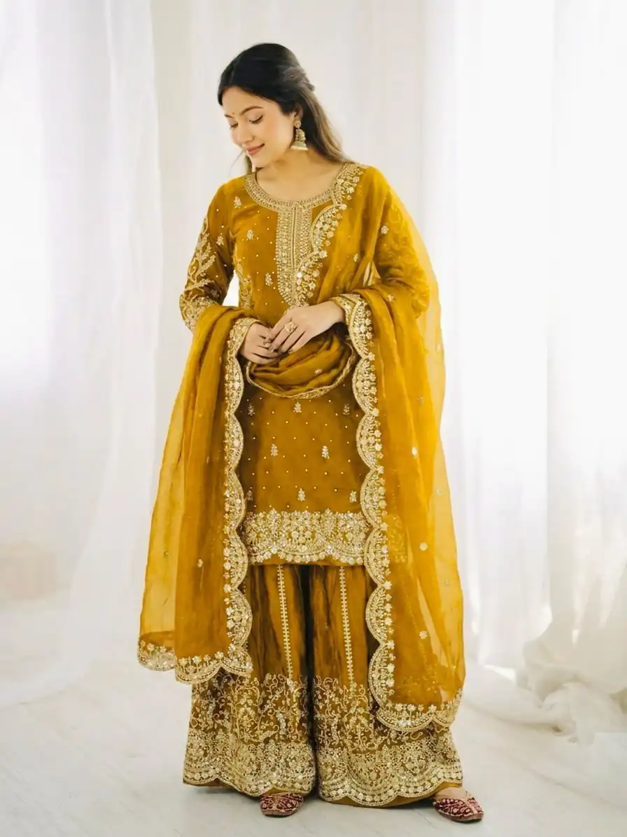 ZSR 3167 Yellow Fendy Silk Salwar Suitwith Embroidery Work & Lace Work. Now at just ₹2149. Delivery 4-6 Working Days. Shop now. | Jump Suits, Salwar suit, Casual Suits, Creative suits, Designer Suits, Palazzo Suits, Party Wear Suits, Patiala Suits, Straight Suits