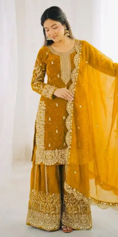 ZSR 3167 Yellow Fendy Silk Salwar Suitwith Embroidery Work & Lace Work. Now at just ₹2149. Delivery 4-6 Working Days. Shop now. | Jump Suits, Salwar suit, Casual Suits, Creative suits, Designer Suits, Palazzo Suits, Party Wear Suits, Patiala Suits, Straight Suits