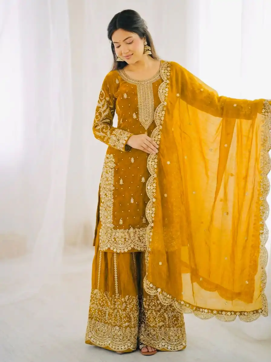 ZSR 3167 Yellow Fendy Silk Salwar Suitwith Embroidery Work & Lace Work. Now at just ₹2149. Delivery 4-6 Working Days. Shop now. | Jump Suits, Salwar suit, Casual Suits, Creative suits, Designer Suits, Palazzo Suits, Party Wear Suits, Patiala Suits, Straight Suits