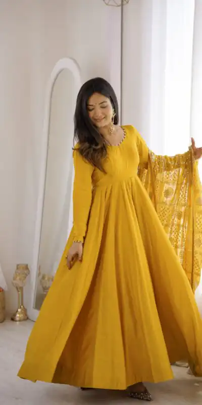 KB 313 Yellow Anarkali Suit with Thread Embroidery & Embroidery Work. Special Price ₹2299. Delivery 4-6 Working Days. Shop now. | Anarkali Suits, Bollywood Anarkali, Creative-Anarkali, Designer Anarkali, Embroidered Anarkali, Party Wear Anarkali
