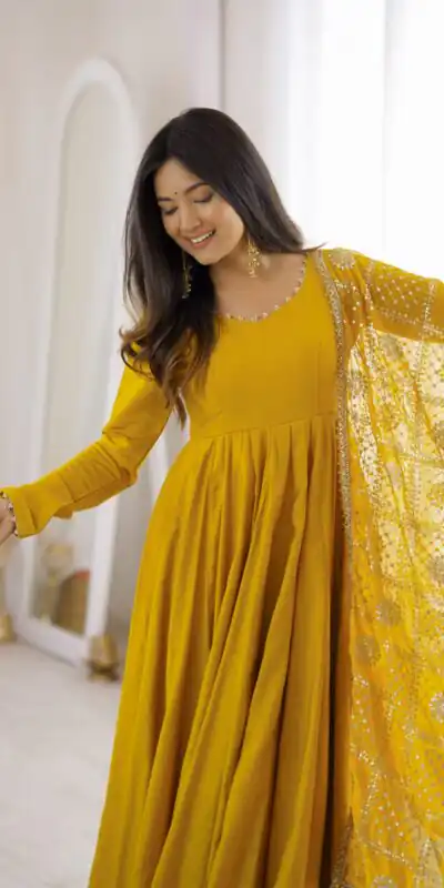 KB 313 Yellow Anarkali Suit with Thread Embroidery & Embroidery Work. Special Price ₹2299. Delivery 4-6 Working Days. Shop now. | Anarkali Suits, Bollywood Anarkali, Creative-Anarkali, Designer Anarkali, Embroidered Anarkali, Party Wear Anarkali