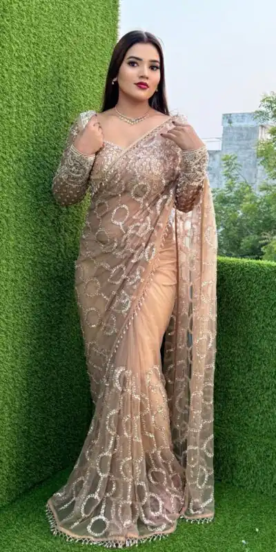 DF 3490 Chiku Color Butterfly Net Heavy 5mm Sequins Embroidery work Saree Casual, Wedding, Festive, Events . Expected Delivery 4-6 Working Days @1799/- only | Sarees, Bollywood Sarees, Creative Sarees, Designer Sarees, Embroidered Sarees, Ethnic Saree, Modern Digital sarees, Party Wear Sarees
