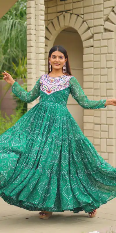 Ram 130 Green in Colour Faux Georgette Bandhani Print Work Gown. Available at ₹1749 only. Delivery 4-6 Working Days. Shop now. | Gowns, Bollywood Gowns, Creative Gowns, Designer Gowns, Embroidered Gowns, Party Wear Gowns