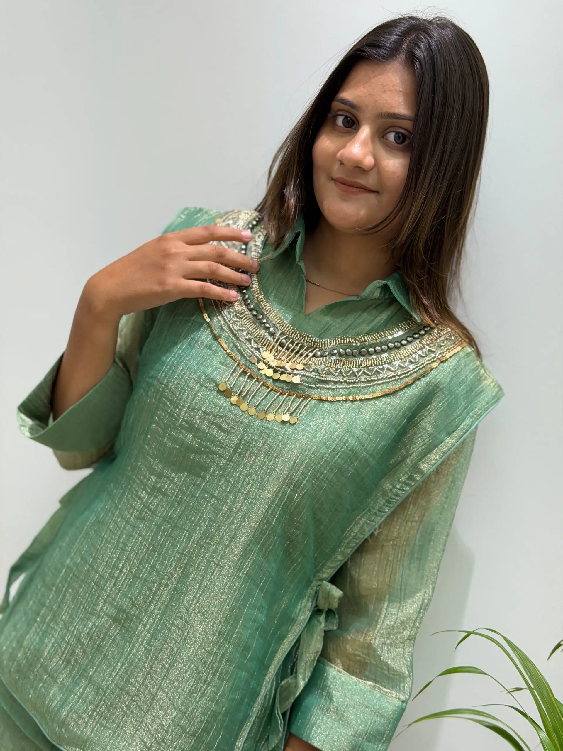 BE 484 Pista Colour | Brown Salsa Silk Kurti with Hand Work. Get it for ₹2199. Delivery 4-6 Working Days. Online Shop now. | Kurti, Bollywood Kurti, Creative Kurtis, Designer Kurti, Party Wear Kurti, Selfie Kurti