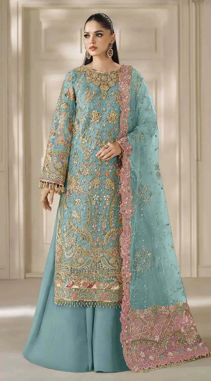 Fancy Blue Chiffon Sequins Work Salwar Suit