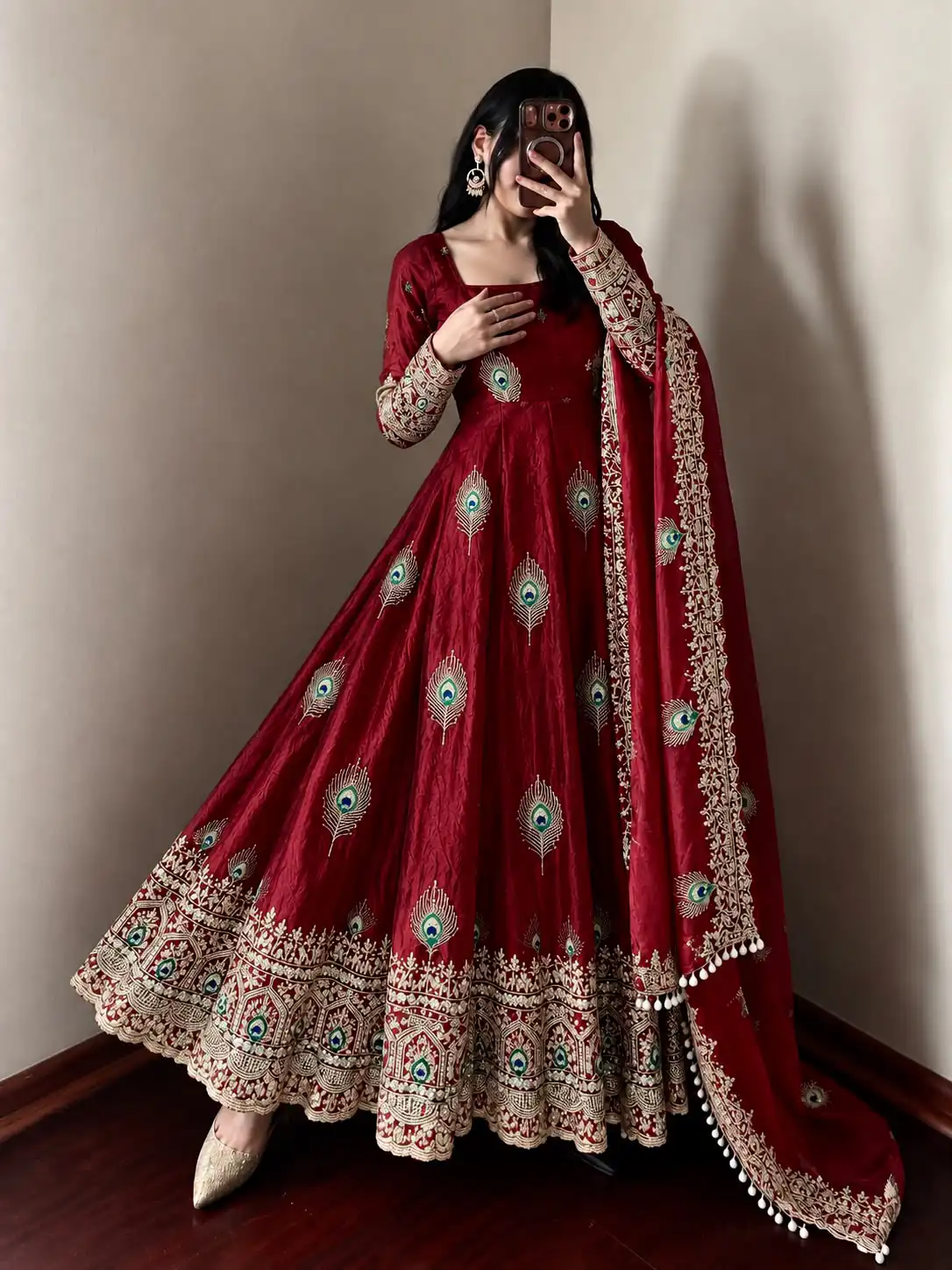 Fancy Maroon Fendy Silk Sequins Work Gown - Image 4