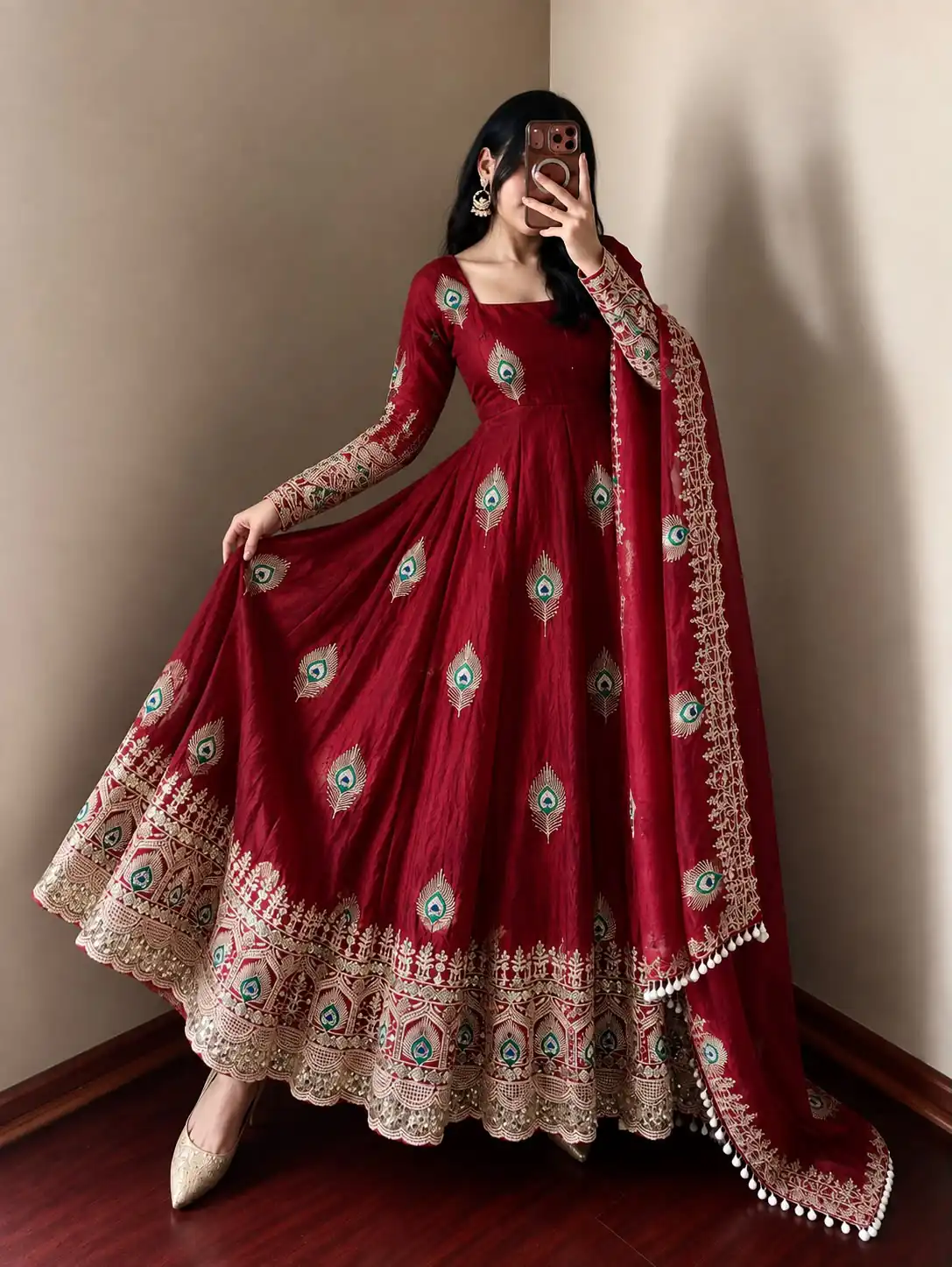 Fancy Maroon Fendy Silk Sequins Work Gown - Image 3