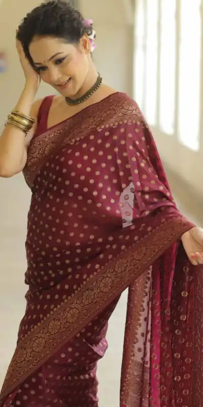 Alternative view of Fancy Maroon Lichi Silk Jacquard Work Saree