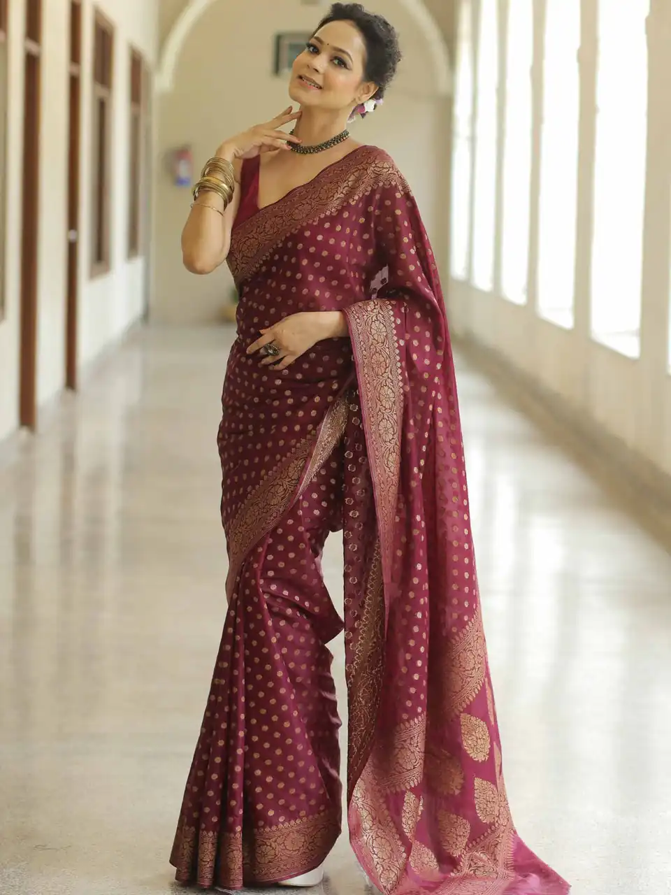 Fancy Maroon Lichi Silk Jacquard Work Saree