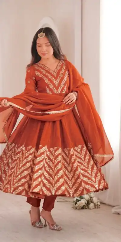 Fancy Orange Crunchy Silk Embroider Work Anarkali Suit