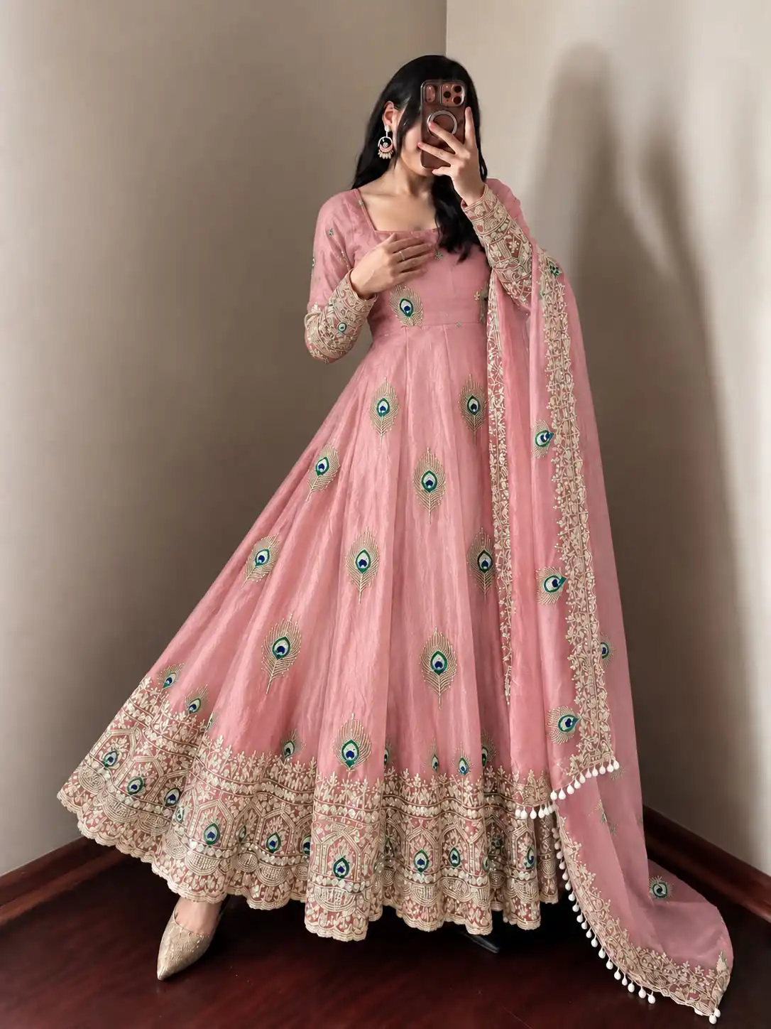 Fancy Peach Fendy Silk Sequins Work Gown - Image 5