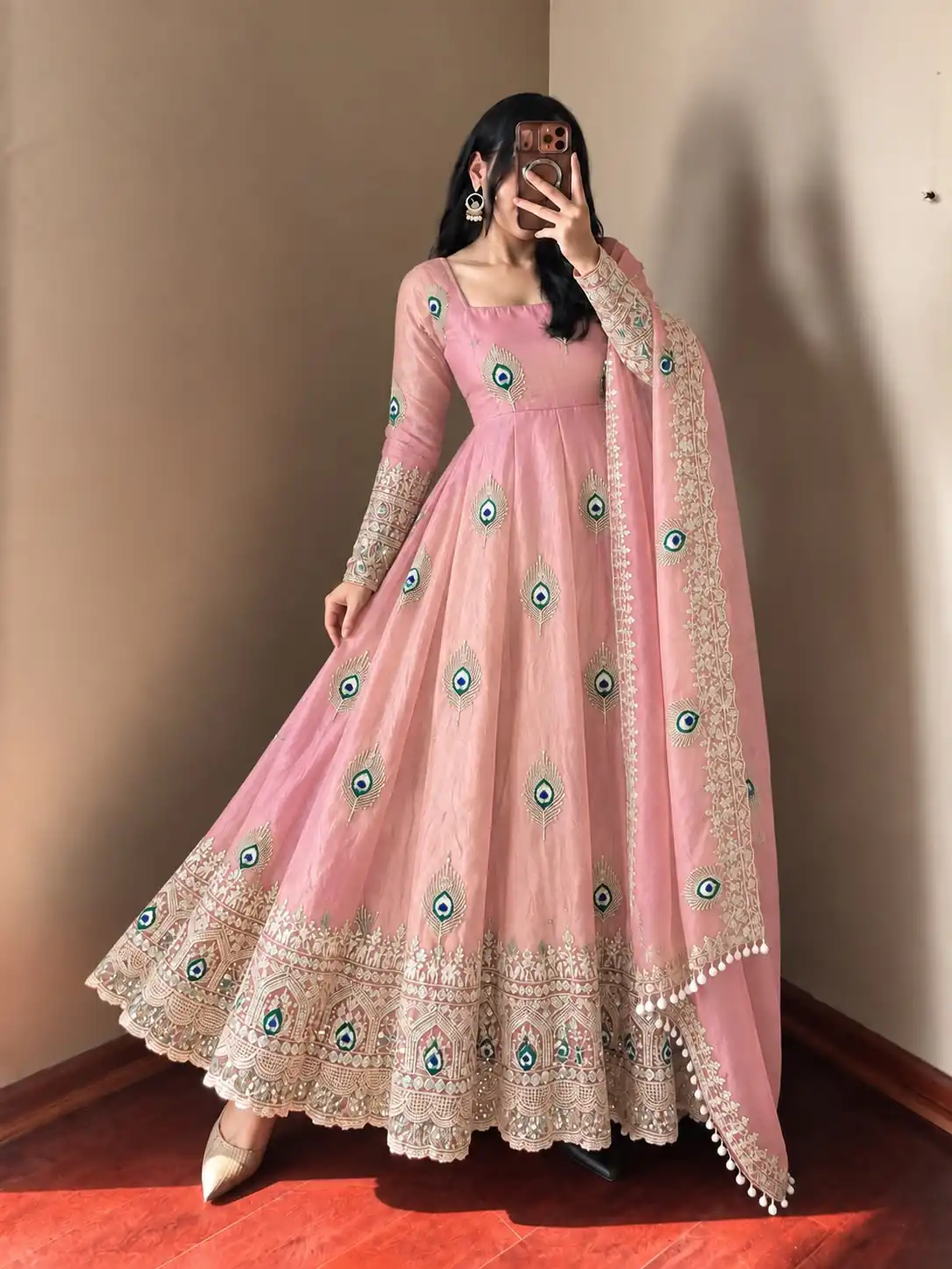 Fancy Peach Fendy Silk Sequins Work Gown - Image 3