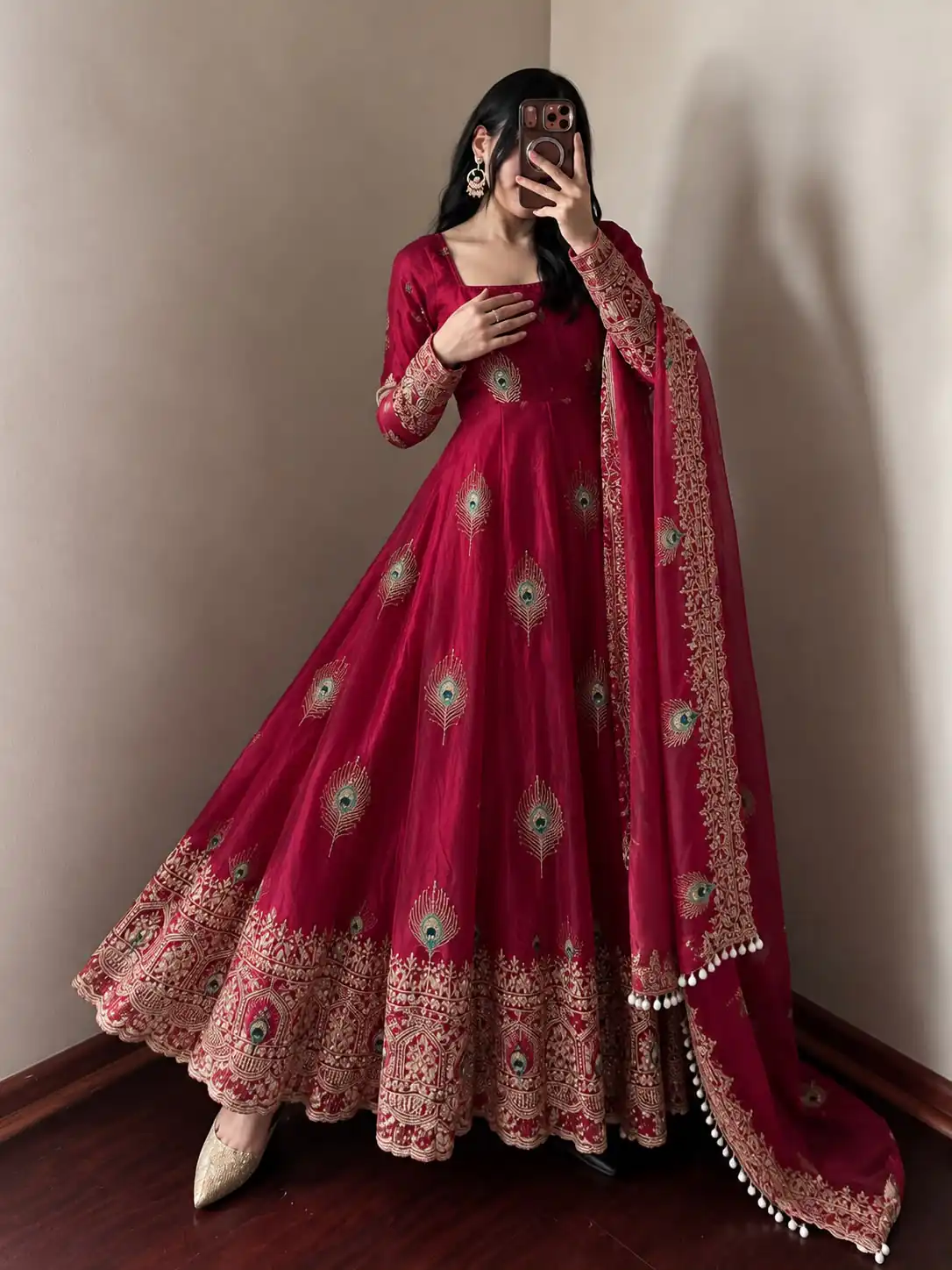 Fancy Red Fendy Silk Sequins Work Gown - Image 3