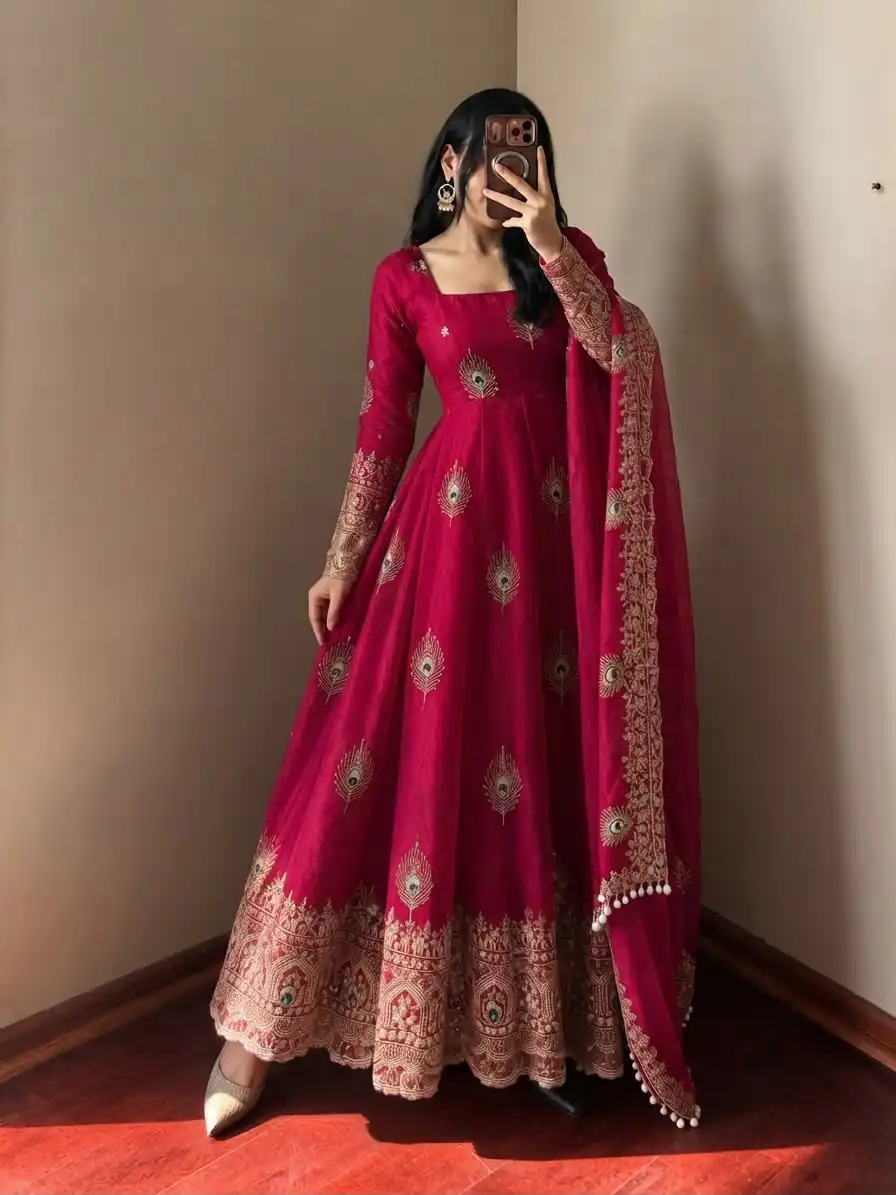 Fancy Red Fendy Silk Sequins Work Gown - Image 2