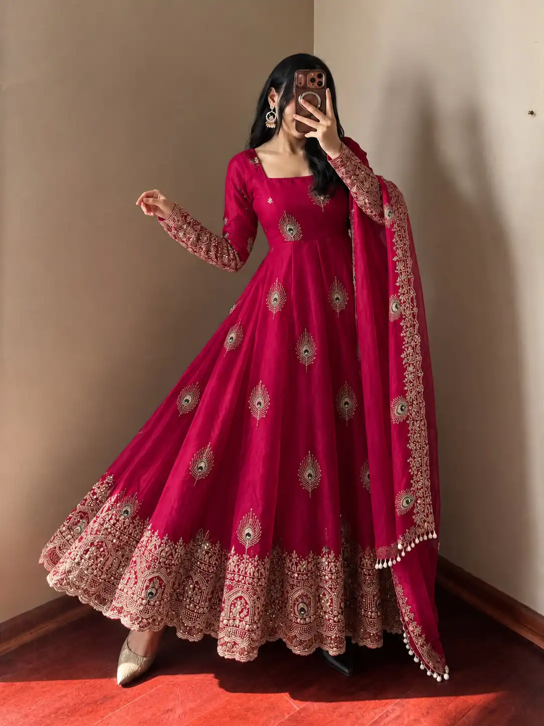 Fancy Red Fendy Silk Sequins Work Gown
