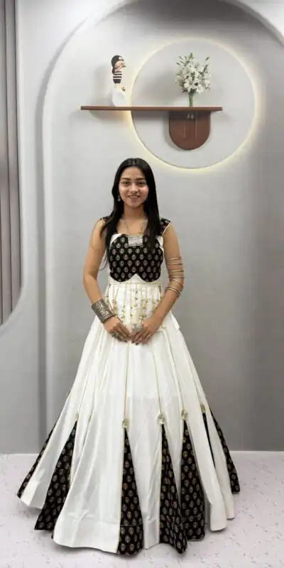 Fancy White Pure Cotton Ajarak Hand Work Lehenga Choli
