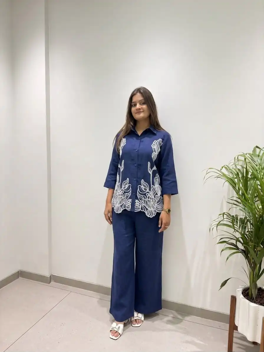 Glowing Navy Blue Cotton Denim Embroidery Work Kurti