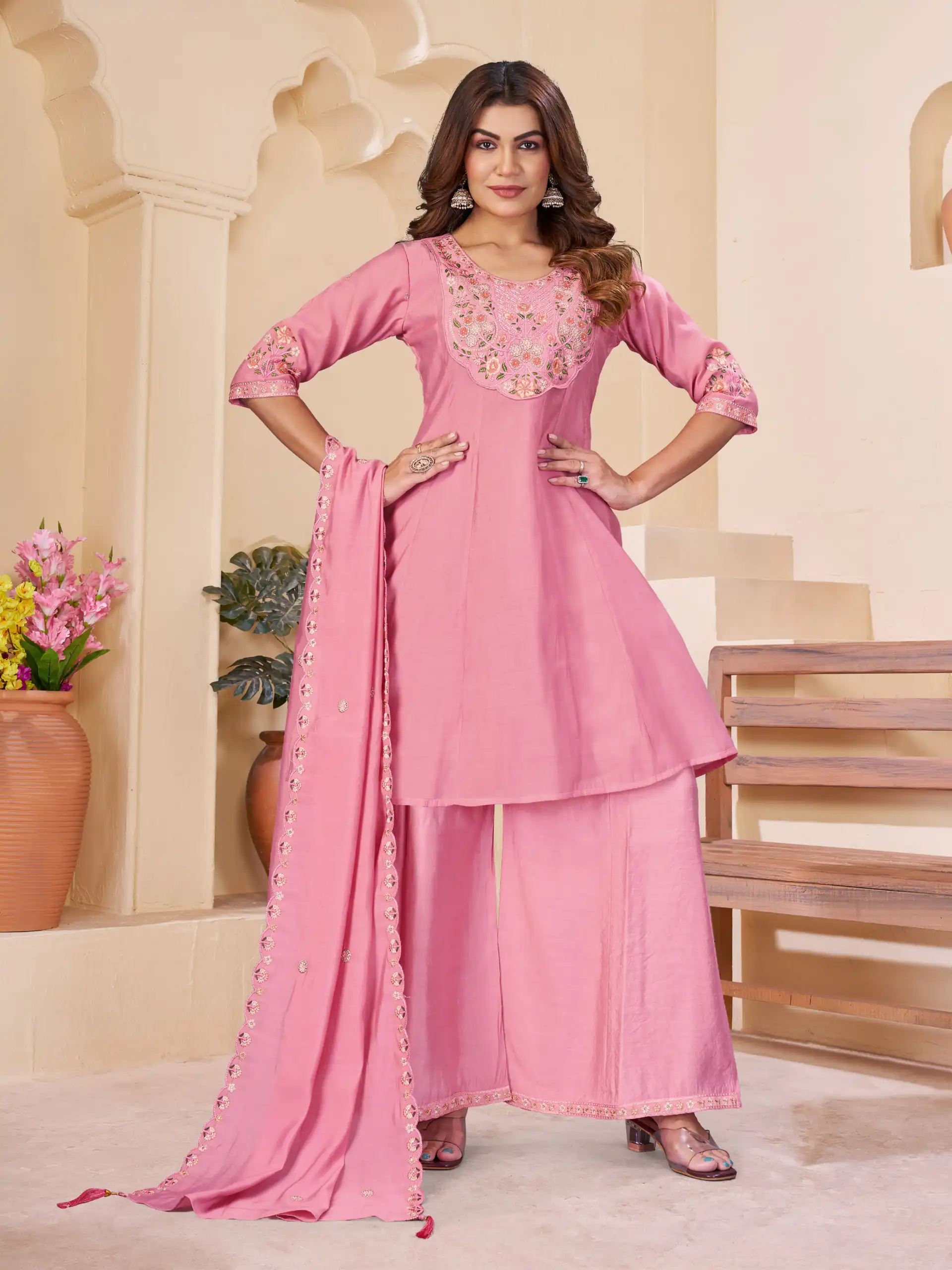 Glowing Pink Mal Chanderi Thread Work Salwar Suit