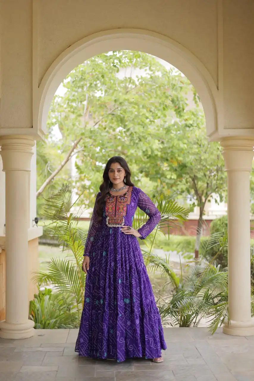 Glowing Purple Faux Georgette Bandhani Print Work Gown - Image 5