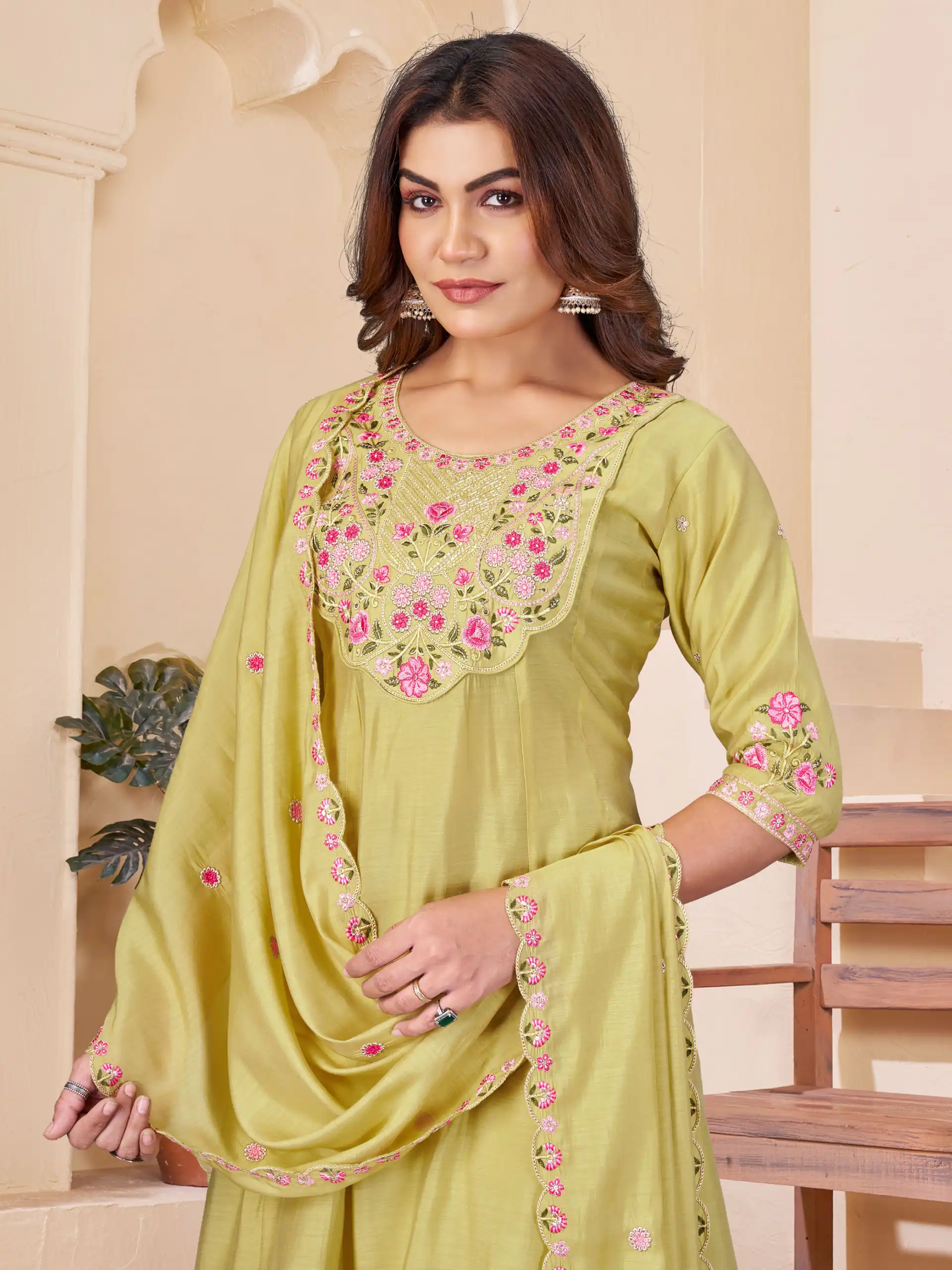 Glowing Yellow Mal Chanderi Thread Work Salwar Suit - Image 2