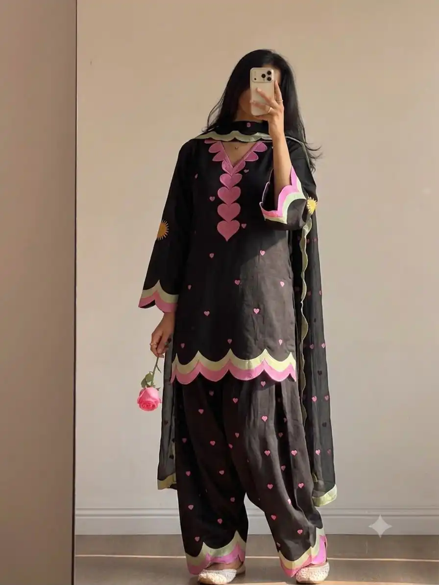 Graceful Black Mul Chanderi Silk Embroidery Work Salwar Sui