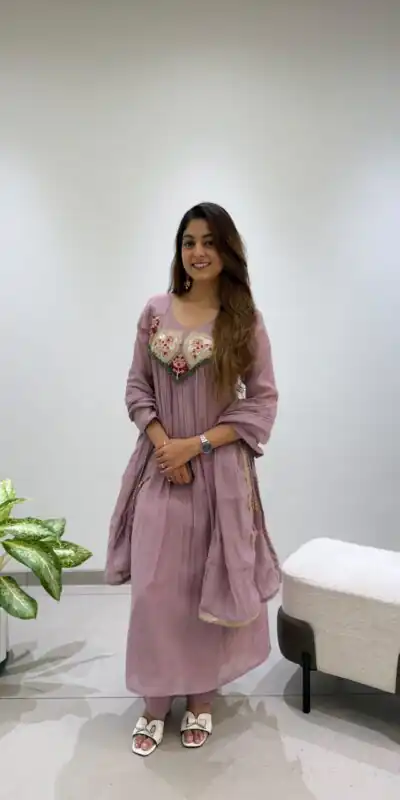 Alternative view of Graceful Lavender Mul Chanderi Embroidery Work Salwar Suit