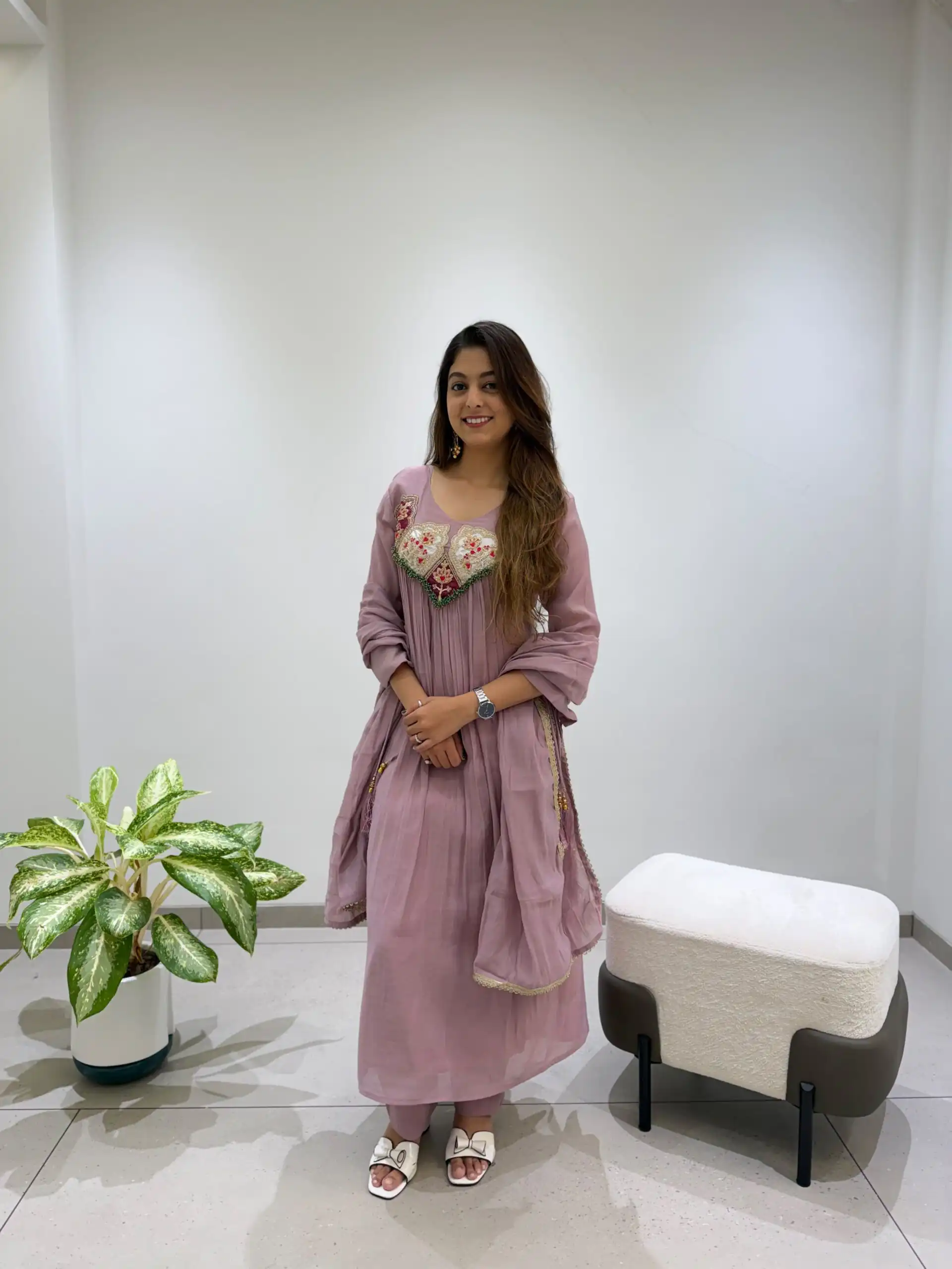 Graceful Lavender Mul Chanderi Embroidery Work Salwar Suit - Image 2