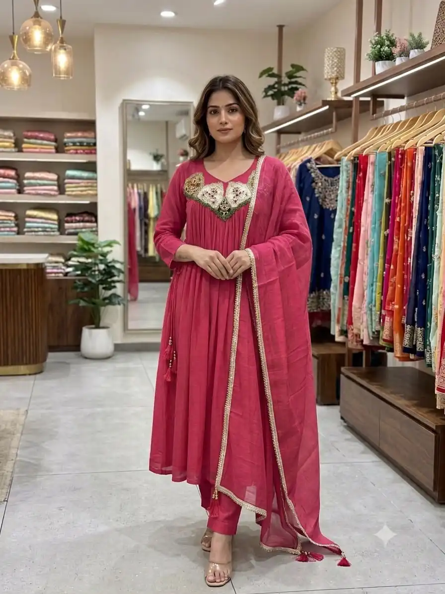 Graceful Pink Mul Chanderi Embroidery Work Salwar Suit