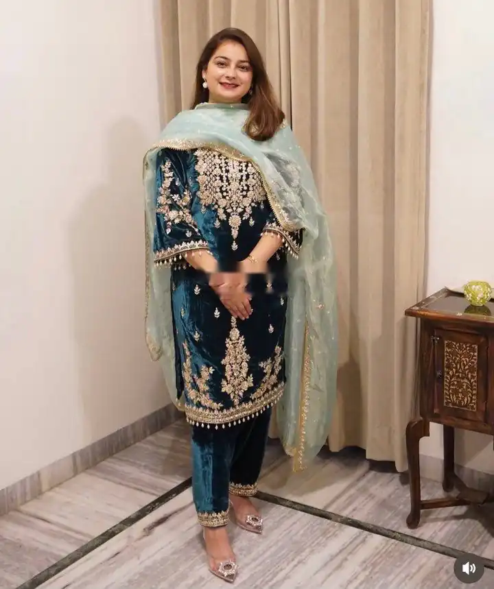 Lovely Blue Viscose Velvet Embroider Work Salwar Suit - Image 3