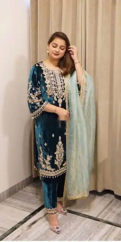 Lovely Blue Viscose Velvet Embroider Work Salwar Suit