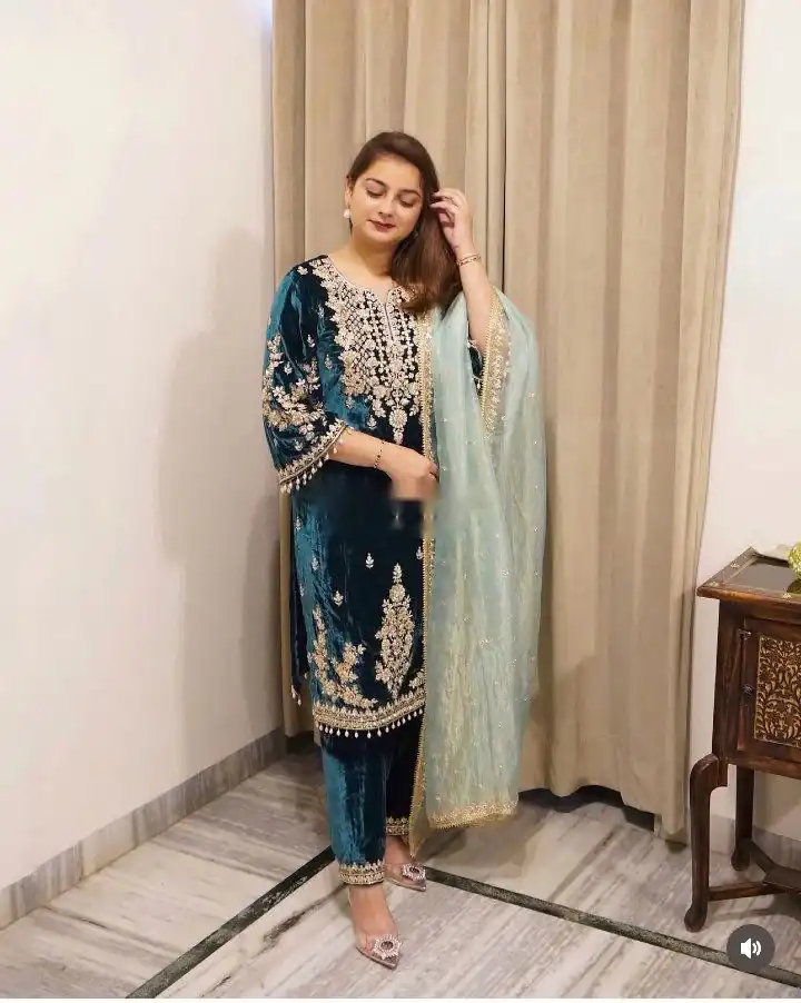 Lovely Blue Viscose Velvet Embroider Work Salwar Suit