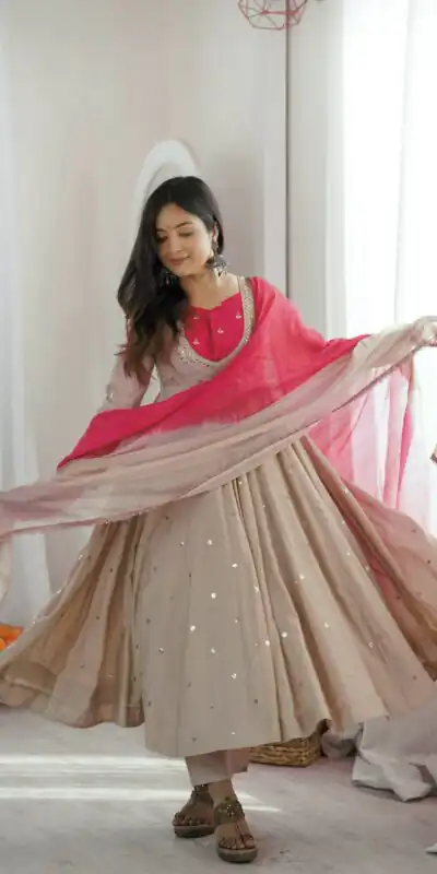 Lovely White Roman Silk Mirror Embroidery Work Gown