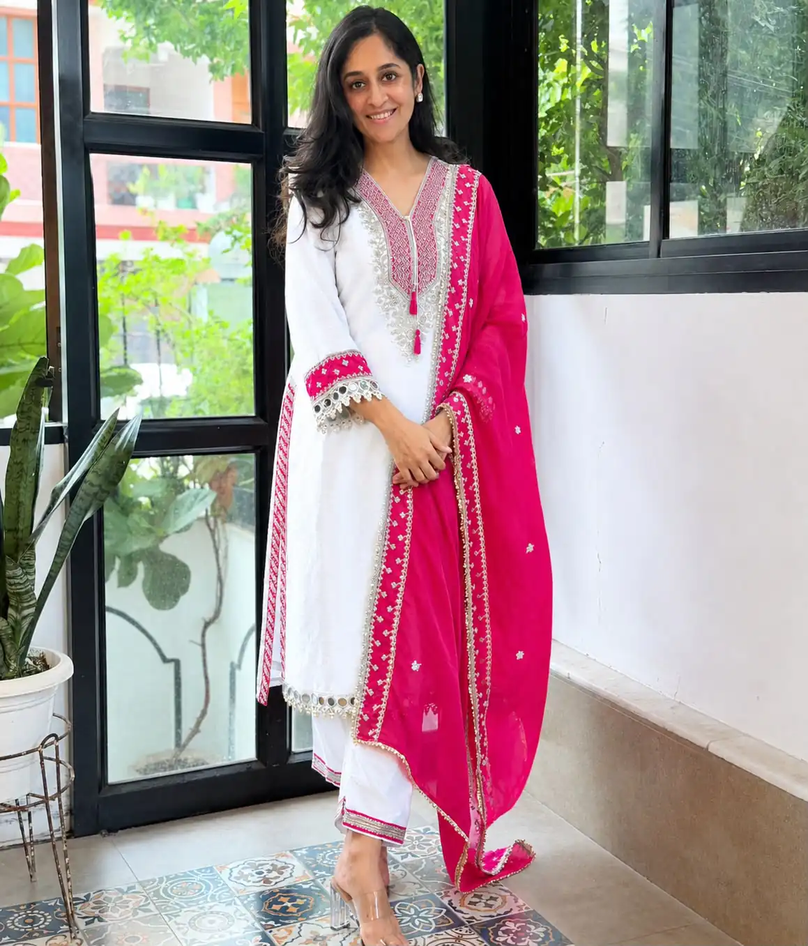 Magical White Chinon Silk Real Mirror Work Salwar Suit - Image 6