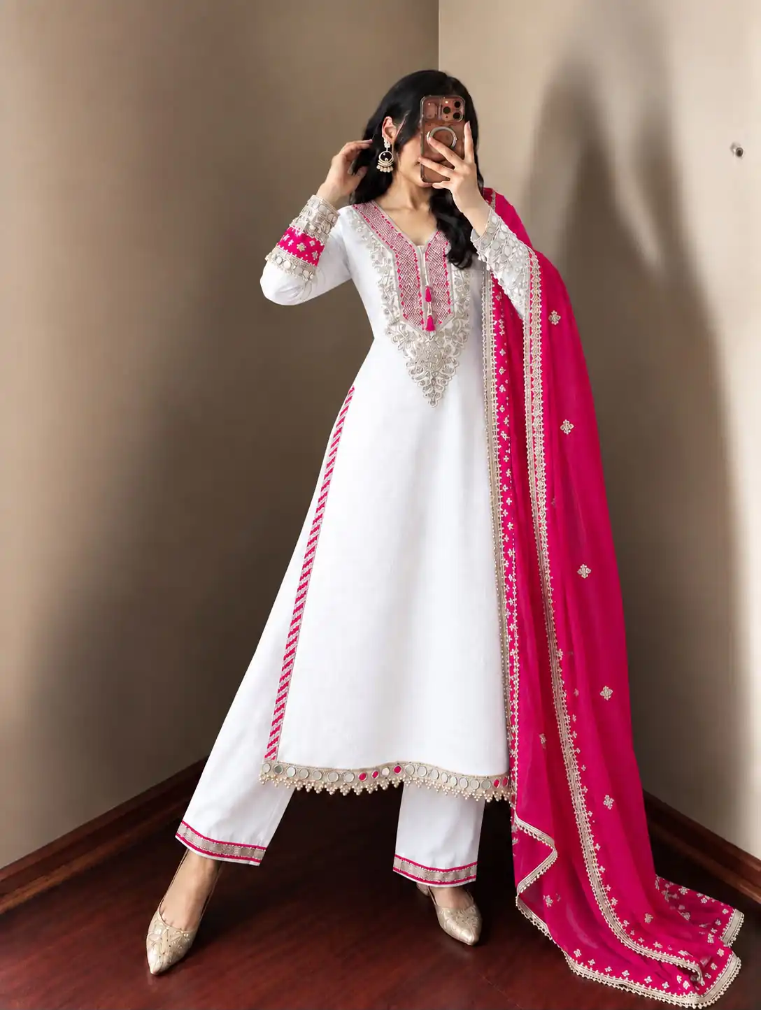 Magical White Chinon Silk Real Mirror Work Salwar Suit - Image 3