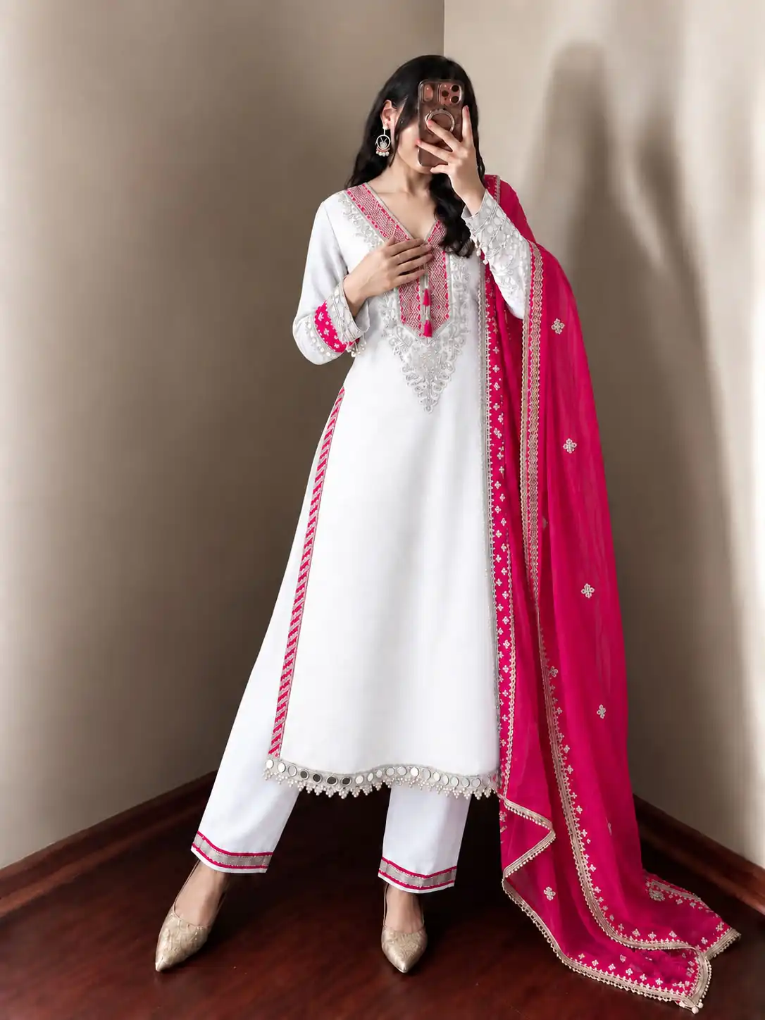 Magical White Chinon Silk Real Mirror Work Salwar Suit