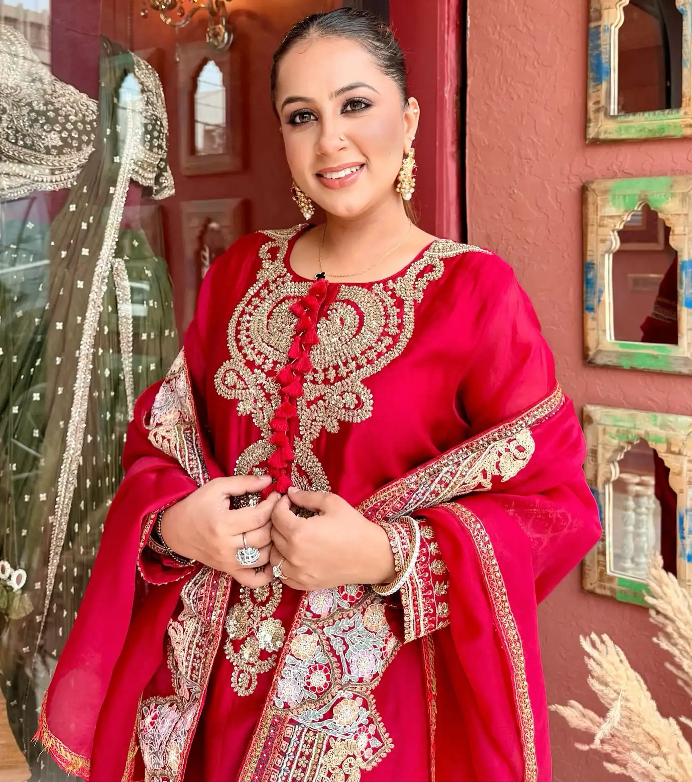 Nice Red Roman Silk Embroidery Work Salwar Suit - Image 2