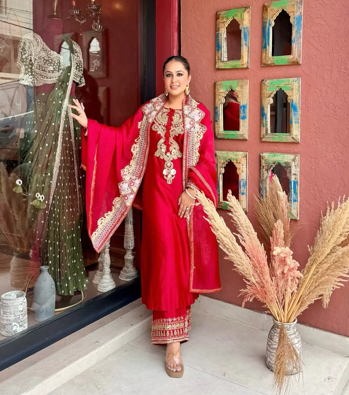 Nice Red Roman Silk Embroidery Work Salwar Suit