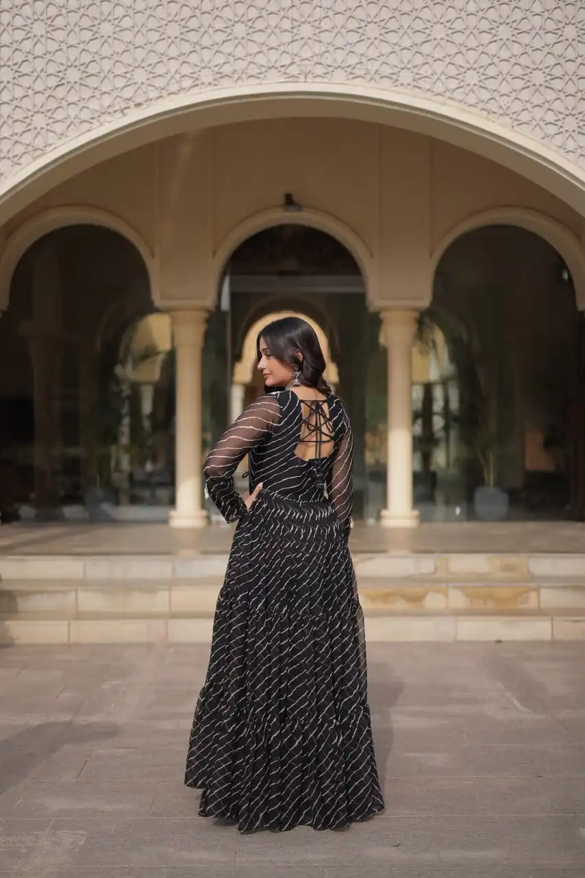 Shiny Black Faux Georgette Laheriya Print Work Gown - Image 5