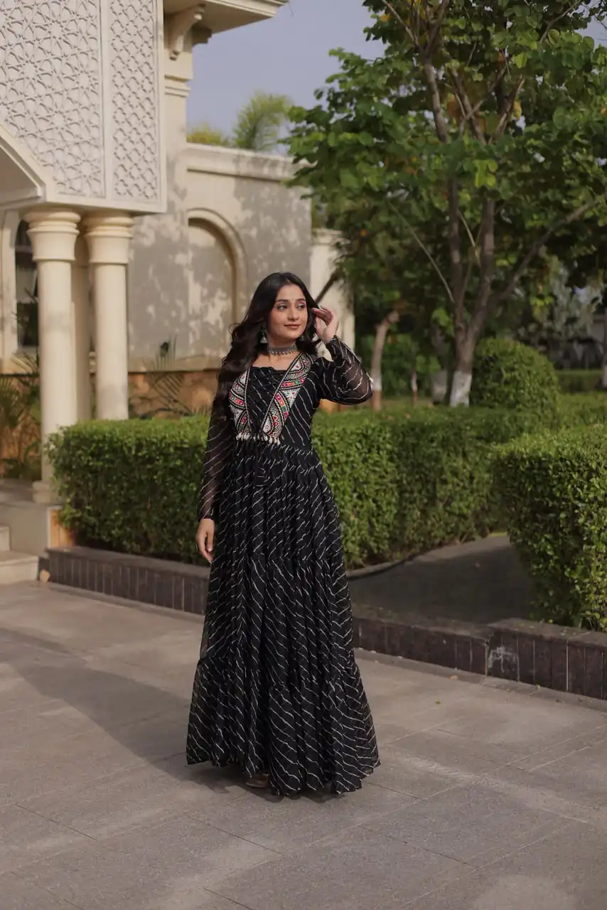 Shiny Black Faux Georgette Laheriya Print Work Gown