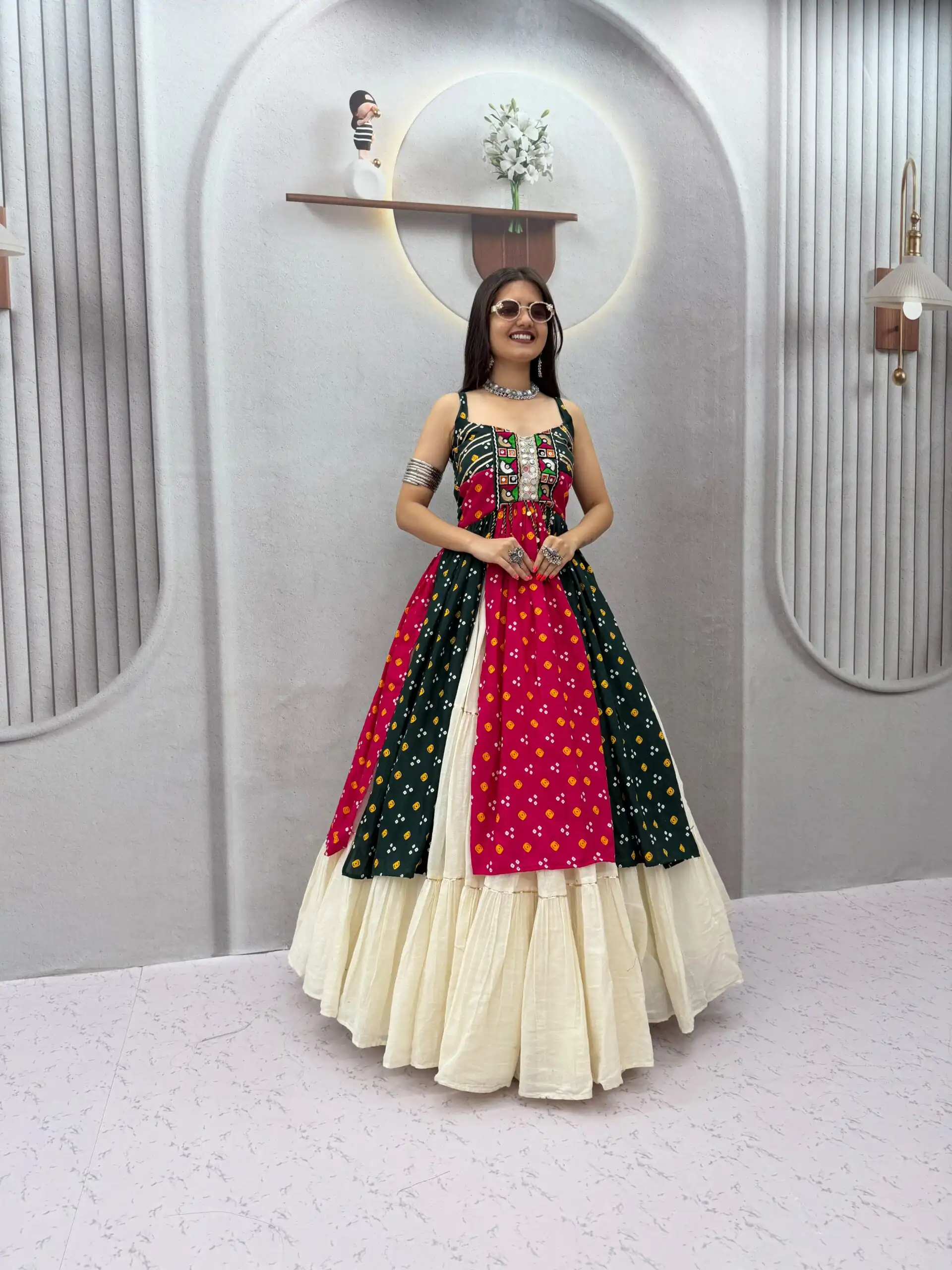 Shiny Black Khadi Cotton Bandhej Mirror Work Lehenga Choli - Image 3