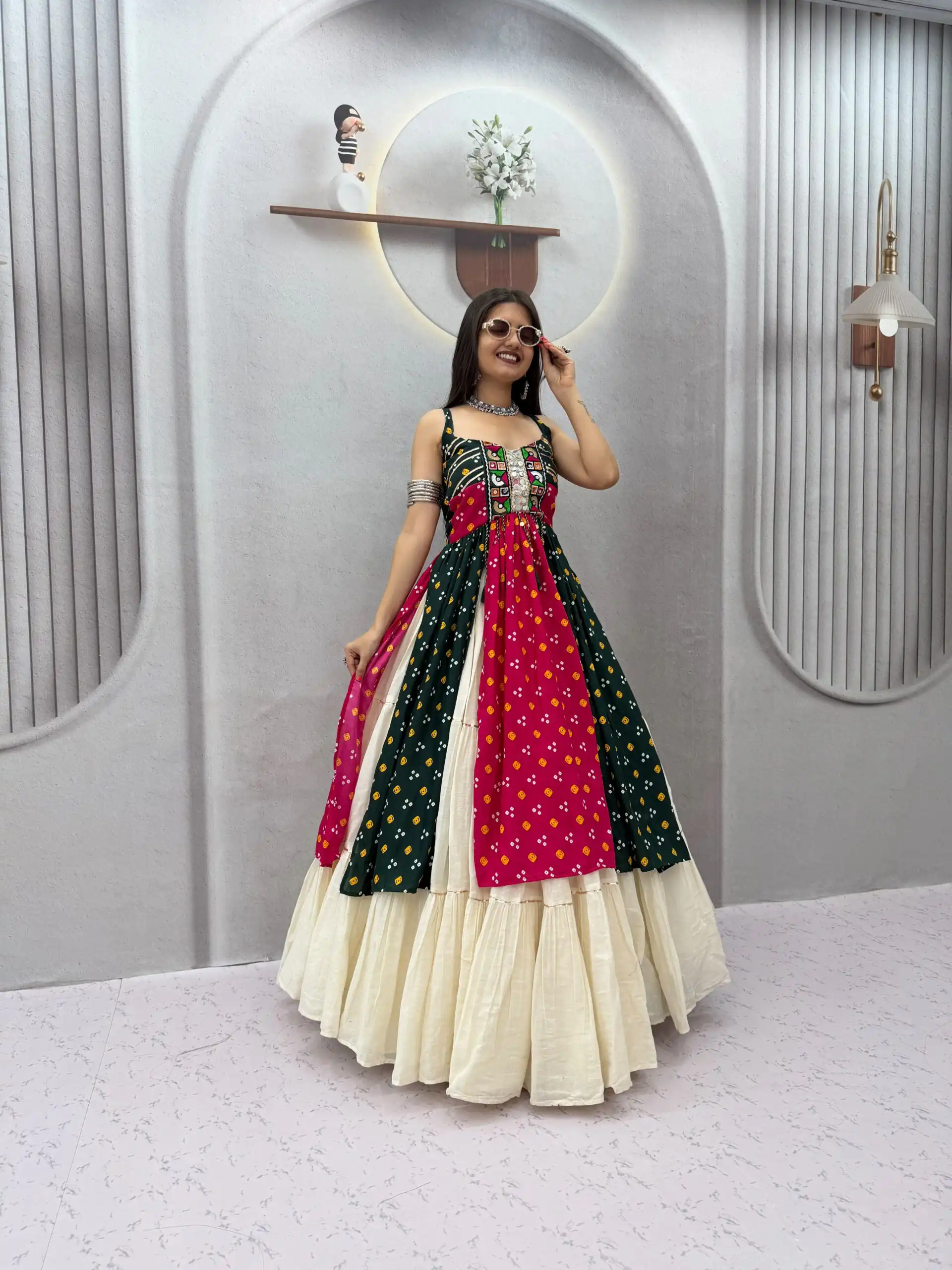Shiny Black Khadi Cotton Bandhej Mirror Work Lehenga Choli